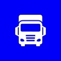 White truck icon on blue background.
