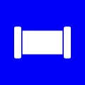 White scroll icon on blue background.