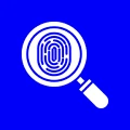 Fingerprint under magnifying glass on blue background.